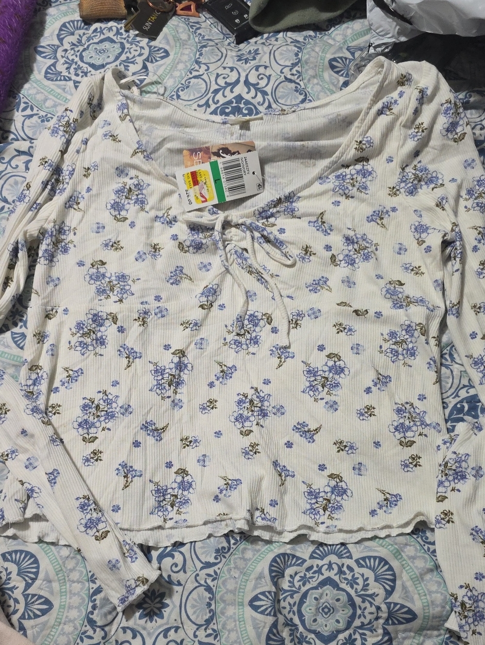 Self Esteem Cream Long-Sleeve Ribbed Top with Blue Floral Print